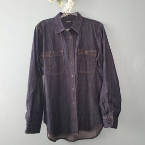 NWT LAUREN RALPH LAUREN DARK RINSE ROLL TAB LONG SLEEVE TOP DARK DENIM WOMEN'S L